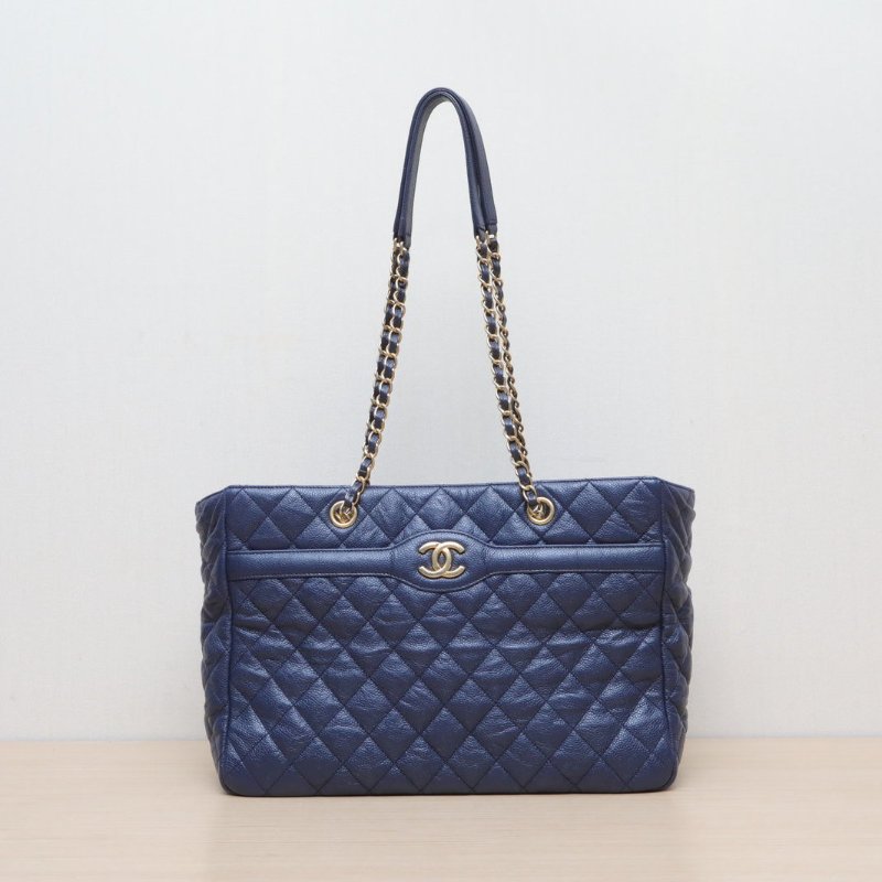 CHANEL 藍色荔枝牛皮21開金扣菱格紋鏈條tote托特包肩背包-1