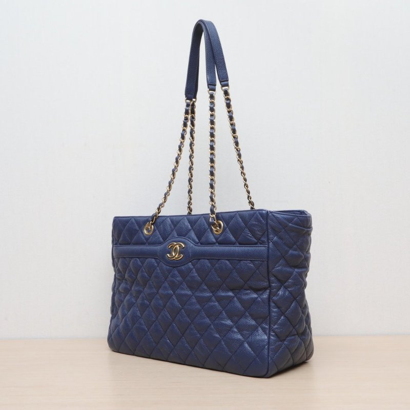 CHANEL 藍色荔枝牛皮21開金扣菱格紋鏈條tote托特包肩背包-3