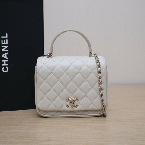 CHANEL 米色羊皮25開金扣手柄款風琴鏈條包肩背包