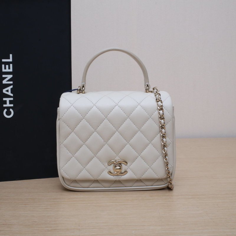 CHANEL 米色羊皮25開金扣手柄款風琴鏈條包肩背包-0