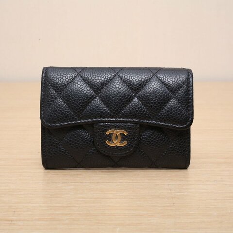 CHANEL CF短款口蓋錢包無後拉鏈11.5黑色荔枝牛皮28開金扣肩背包