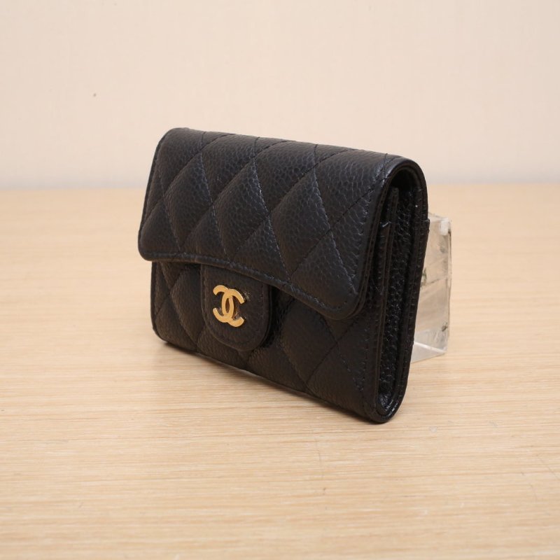 CHANEL CF短款口蓋錢包無後拉鏈11.5黑色荔枝牛皮28開金扣肩背包-2