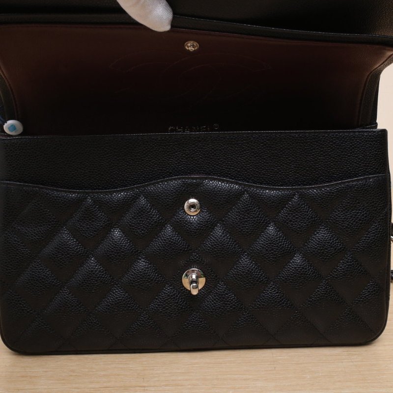 CHANEL CF口蓋包JUMBO30黑色荔枝牛皮19開銀扣肩背包-3