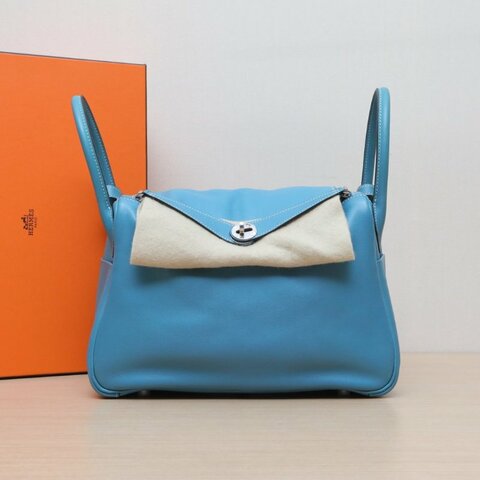 HERMES Lindy3075牛仔藍Swift皮框K銀扣肩背包