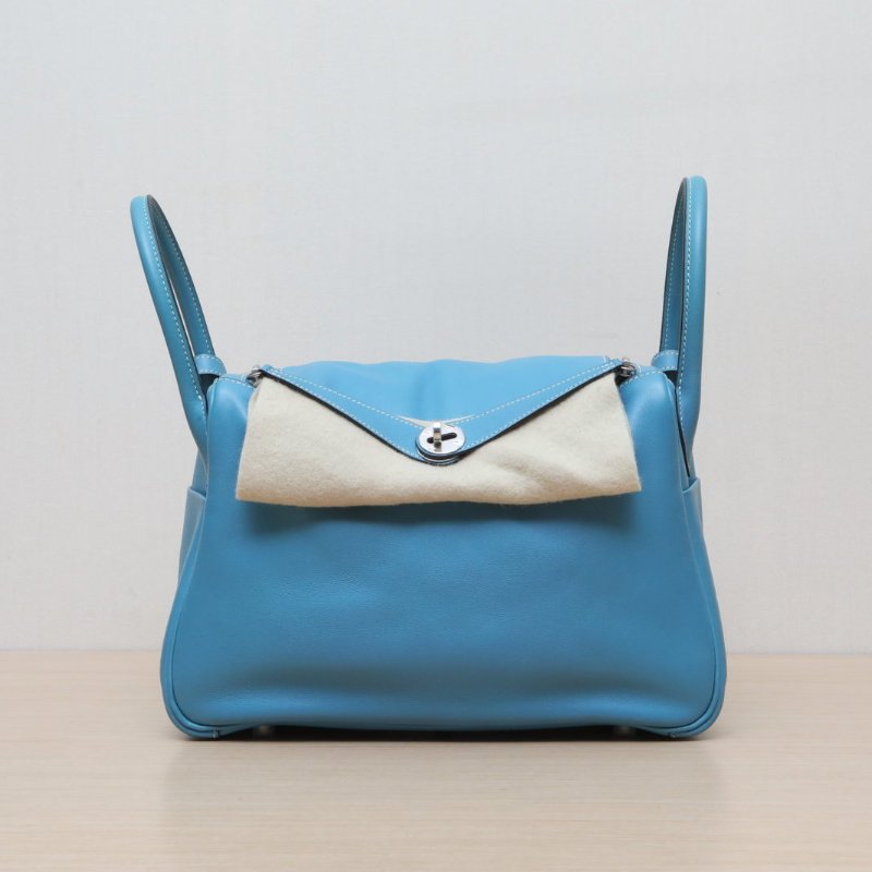 HERMES Lindy3075牛仔藍Swift皮框K銀扣肩背包-1