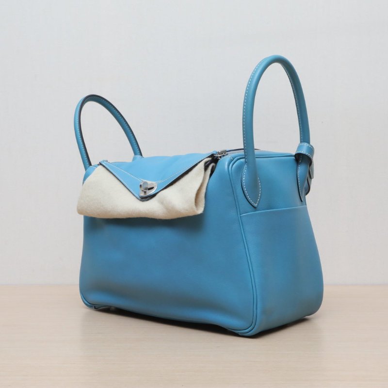 HERMES Lindy3075牛仔藍Swift皮框K銀扣肩背包-3