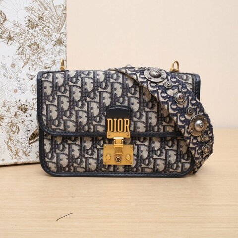 DIOR DiorAddict中號24寬肩帶藍色帆布2019金扣Oblique印花肩背包
