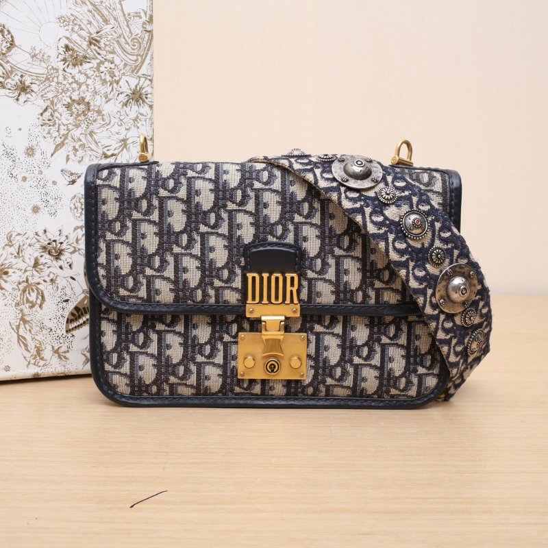 DIOR DiorAddict中號24寬肩帶藍色帆布2019金扣Oblique印花肩背包-0