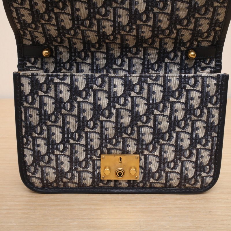 DIOR DiorAddict中號24寬肩帶藍色帆布2019金扣Oblique印花肩背包-2