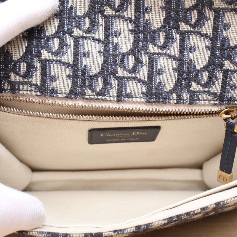 DIOR DiorAddict中號24寬肩帶藍色帆布2019金扣Oblique印花肩背包-3