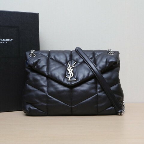 SAINT LAURENT Puffer雲朵包中號35黑色羊皮銀扣肩背包