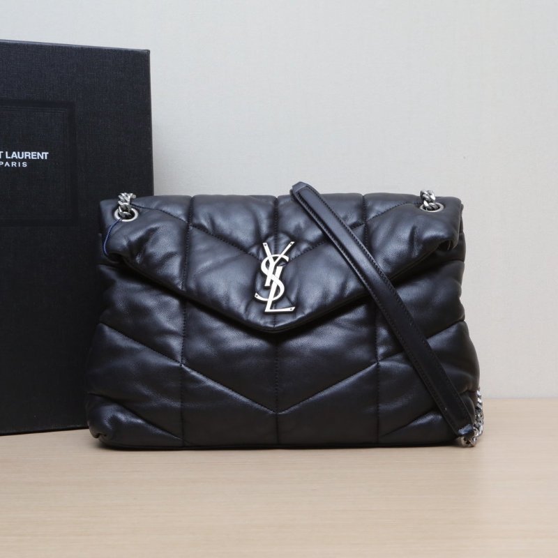SAINT LAURENT Puffer雲朵包中號35黑色羊皮銀扣肩背包-0
