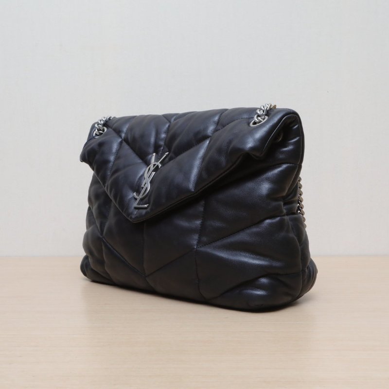 SAINT LAURENT Puffer雲朵包中號35黑色羊皮銀扣肩背包-3