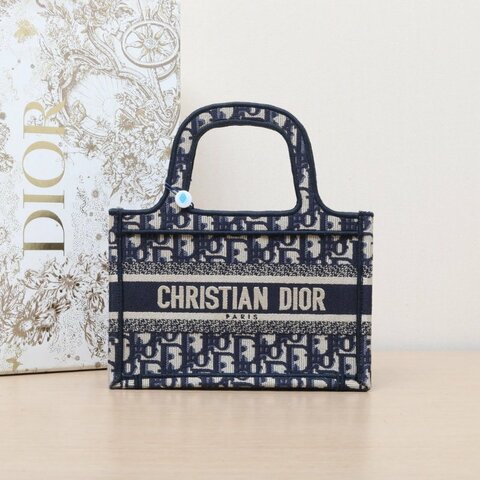 DIOR BookTote迷你21.5墨藍色帆布Oblique印花字母刺繡肩背包