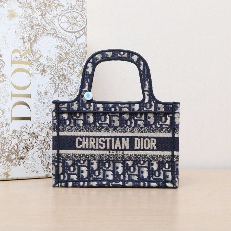 DIOR BookTote迷你21.5墨藍色帆布Oblique印花字母刺繡肩背包-0