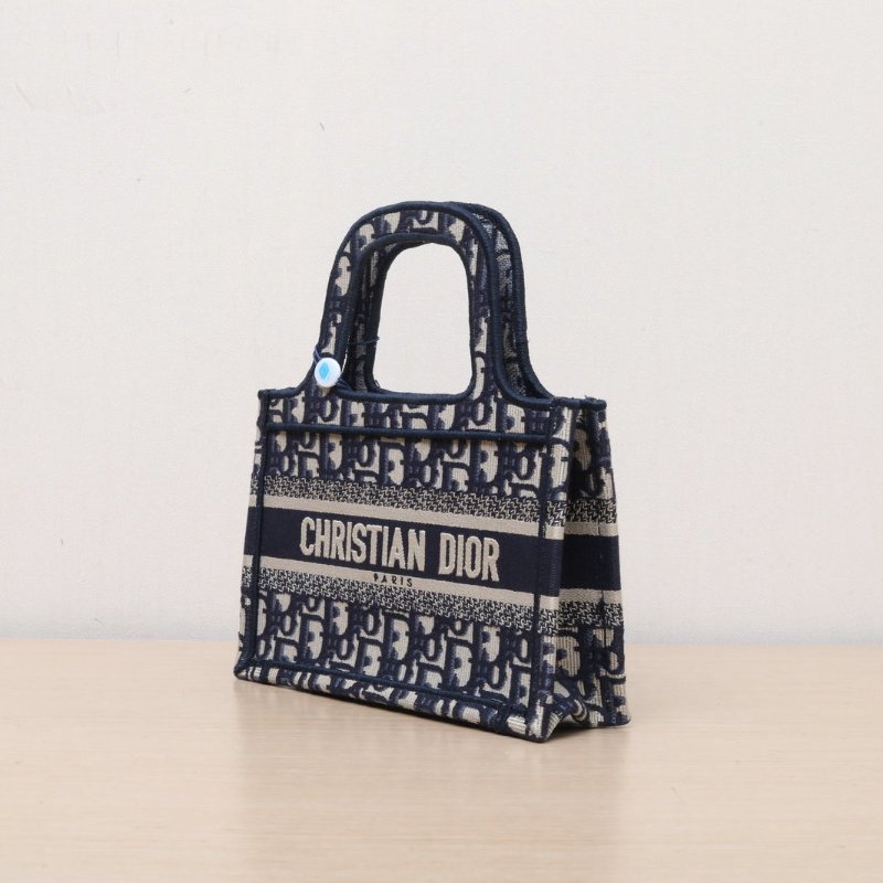 DIOR BookTote迷你21.5墨藍色帆布Oblique印花字母刺繡肩背包-3