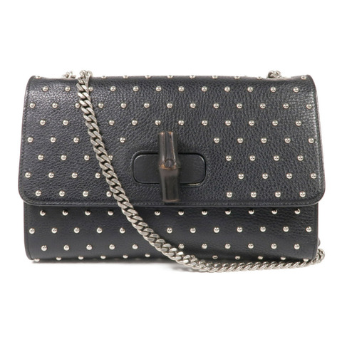 GUCCI 牛皮皮革Stud Bamboo Shoulder Bag銀扣鏈帶肩背袋
