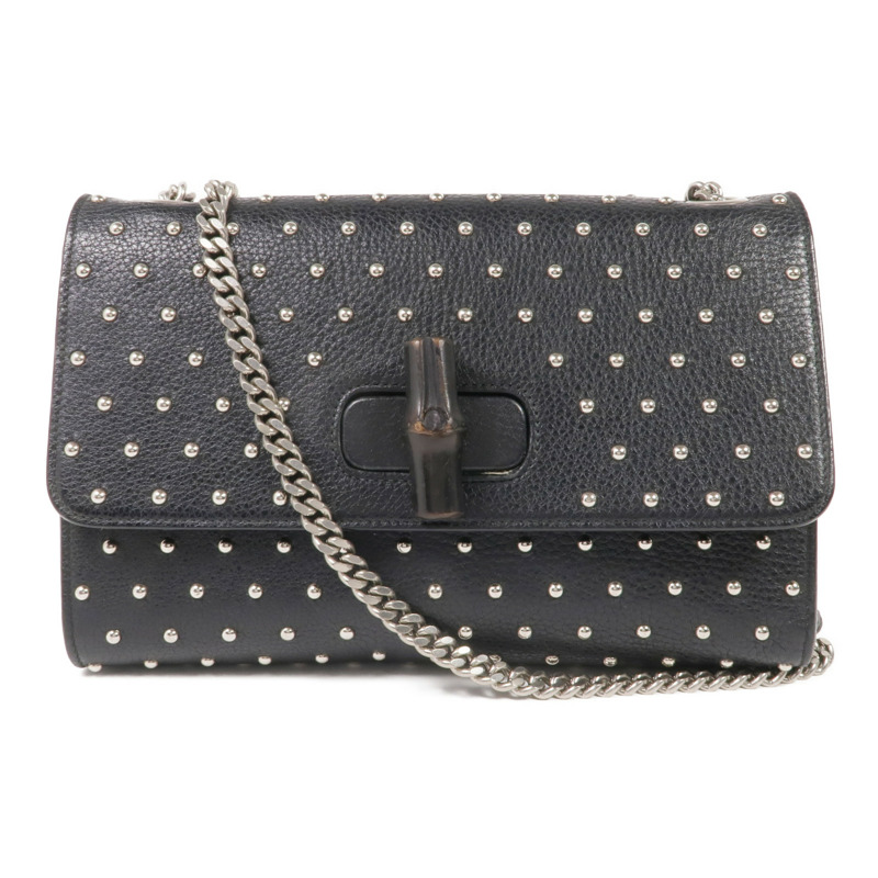 GUCCI 牛皮皮革Stud Bamboo Shoulder Bag銀扣鏈帶肩背袋-0