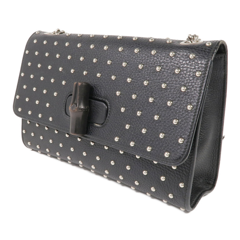 GUCCI 牛皮皮革Stud Bamboo Shoulder Bag銀扣鏈帶肩背袋-2