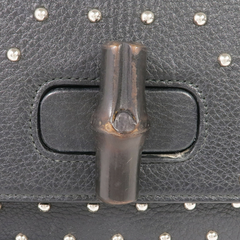 GUCCI 牛皮皮革Stud Bamboo Shoulder Bag銀扣鏈帶肩背袋-9