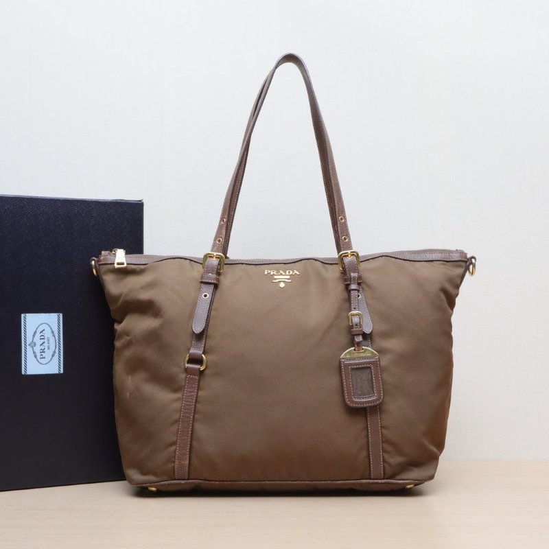 PRADA 棕色尼龍金扣降落傘手提托特包肩背包-0