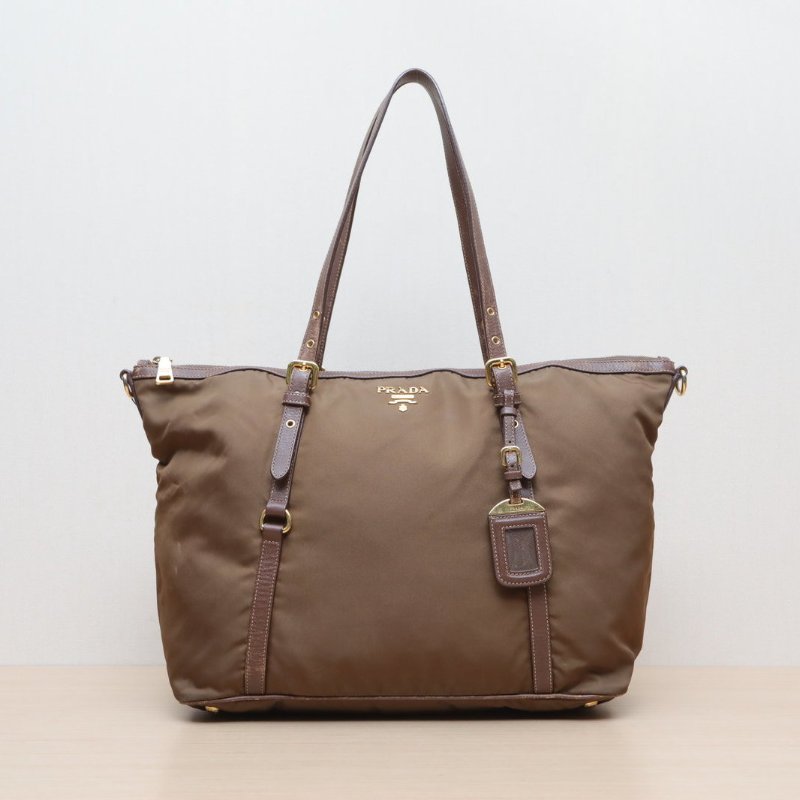 PRADA 棕色尼龍金扣降落傘手提托特包肩背包-1
