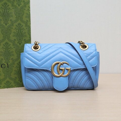 GUCCI GGMarmont肩背包Mini22藍色牛皮金扣肩背包