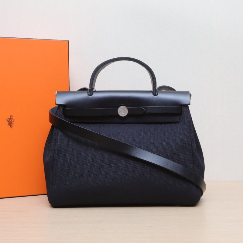 HERMES Herbag3189黑色帆布/Hunter牛皮W刻銀扣肩背包-0