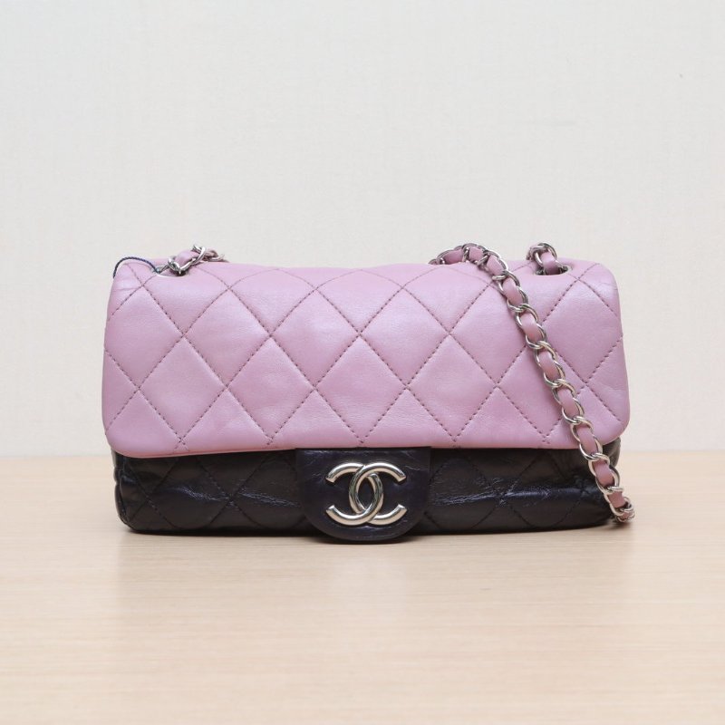 CHANEL 拼色牛皮羊皮12開銀扣CF口蓋鏈條包/肩背包-1