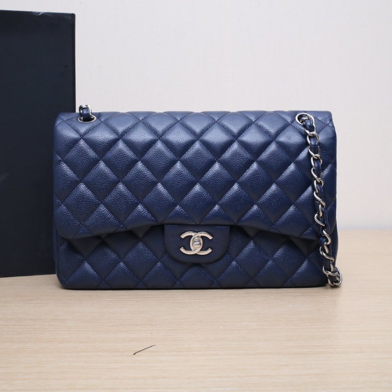 CHANEL CF口蓋包JUMBO30藍色荔枝牛皮15開銀扣肩背包-0