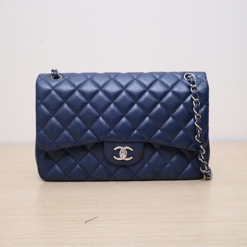 CHANEL CF口蓋包JUMBO30藍色荔枝牛皮15開銀扣肩背包-1