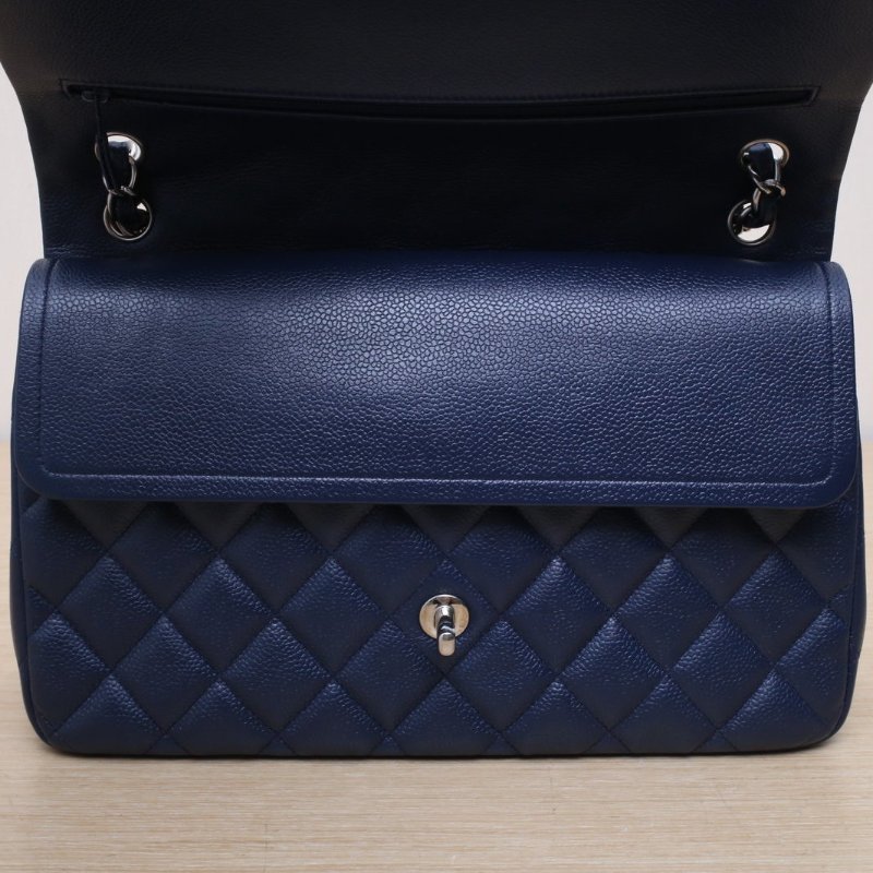 CHANEL CF口蓋包JUMBO30藍色荔枝牛皮15開銀扣肩背包-2
