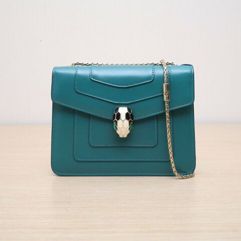 BVLGARI SerpentiForever鏈條蛇頭包方版20綠色牛皮肩背包