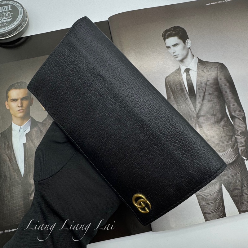 GUCCI GG Marmont 荔枝紋黑色扣式長夾-28