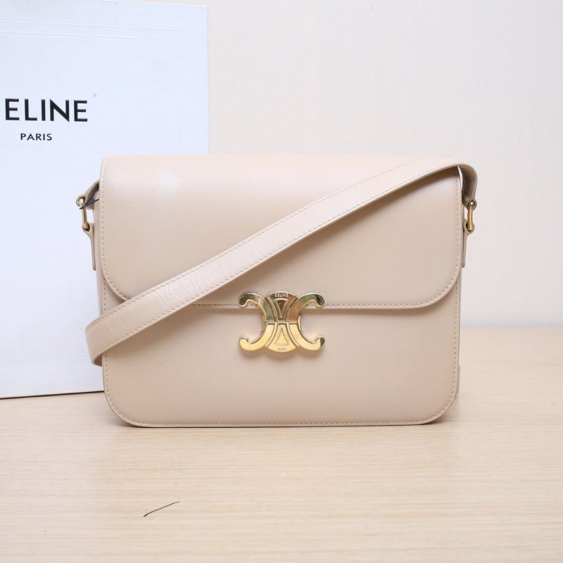 CELINE Triomphe凱旋門金屬鎖扣大號24裸色牛皮金扣肩背包-0