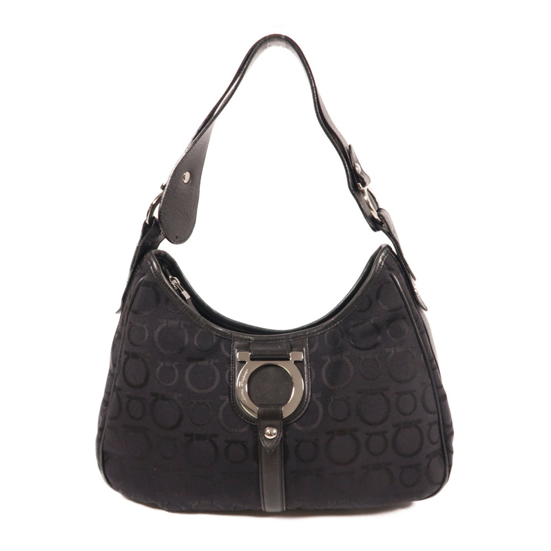 黑色 帆布 Gancini 肩背包【Salvatore Ferragamo 菲拉格慕】 EX-21/6843-0