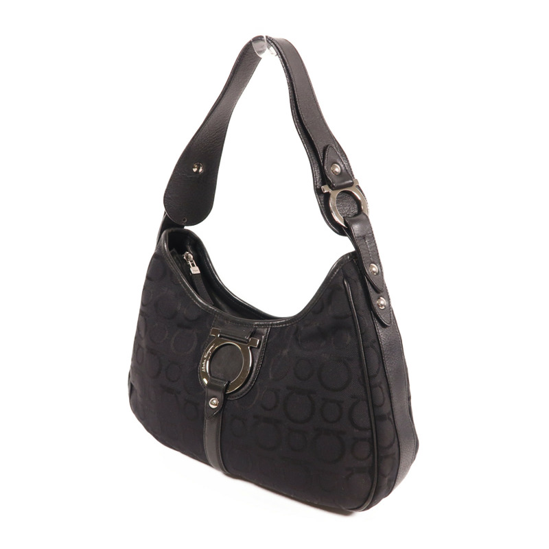 黑色 帆布 Gancini 肩背包【Salvatore Ferragamo 菲拉格慕】 EX-21/6843-1