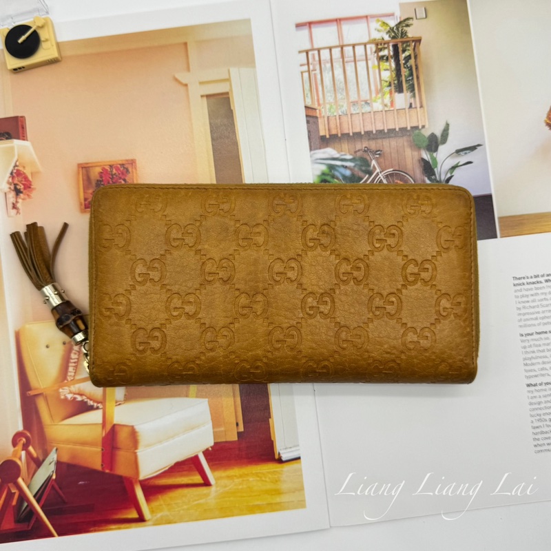 GUCCI 古馳 雙G壓紋竹節流蘇拉鏈棕色長夾-0