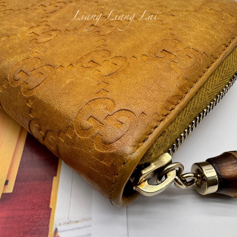 GUCCI 古馳 雙G壓紋竹節流蘇拉鏈棕色長夾-19