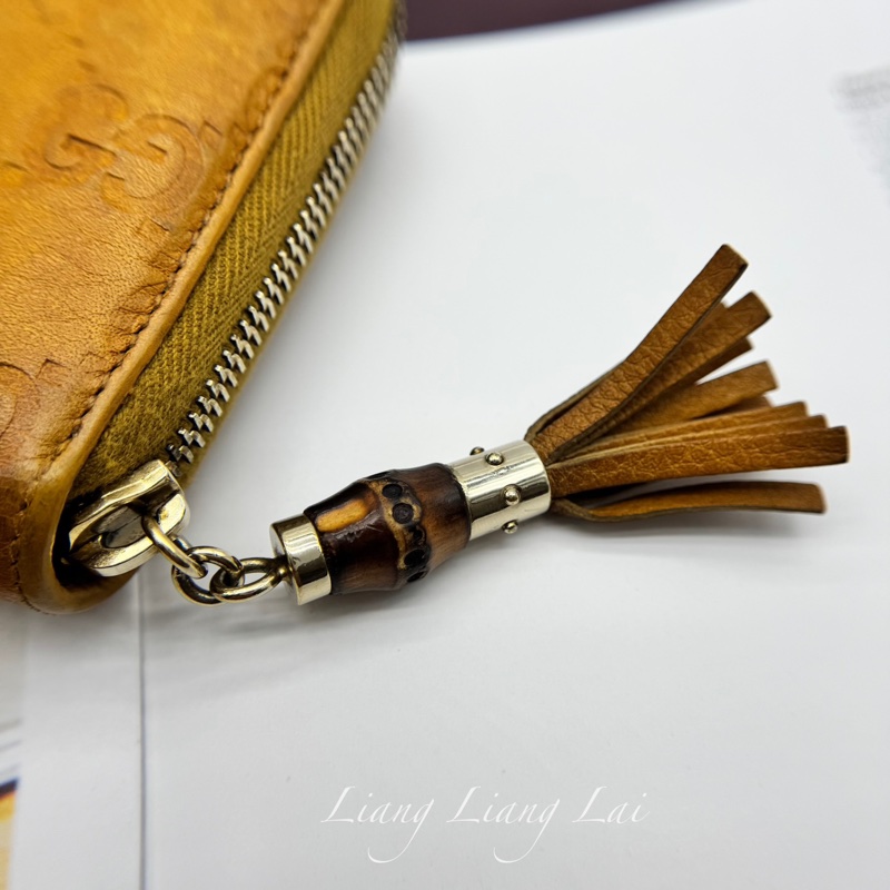 GUCCI 古馳 雙G壓紋竹節流蘇拉鏈棕色長夾-24