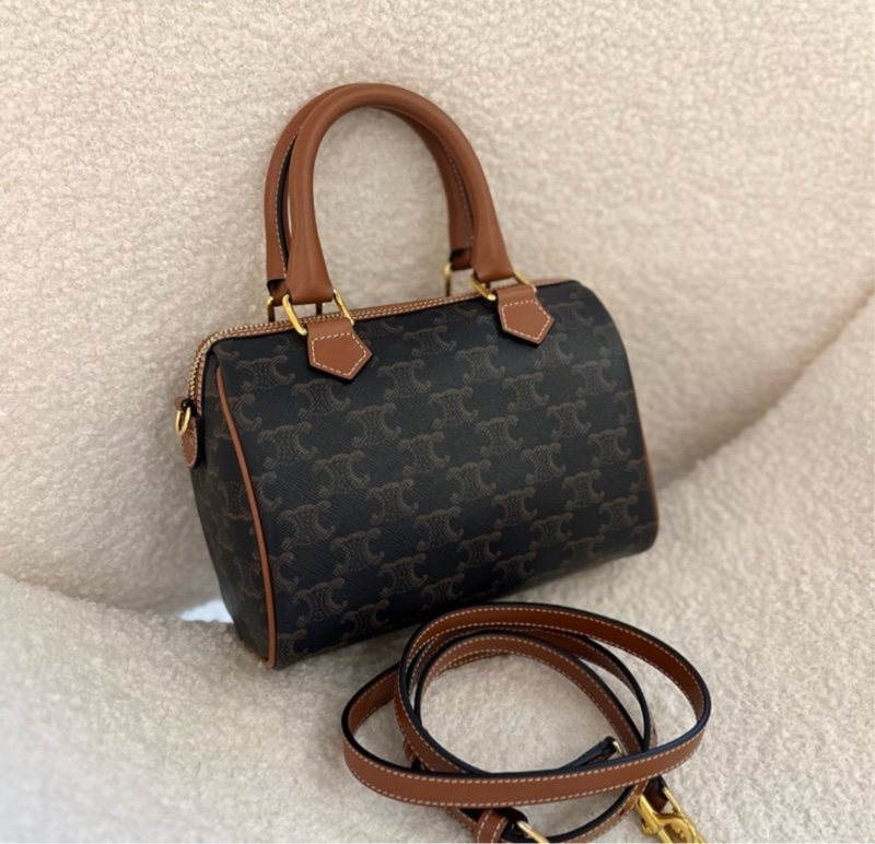 【全🆕】Celine Boston small Triomphe 經典凱旋門老花滿印帆布拼牛皮革 波士頓包單肩斜挎手提包 小號 棕褐色-0