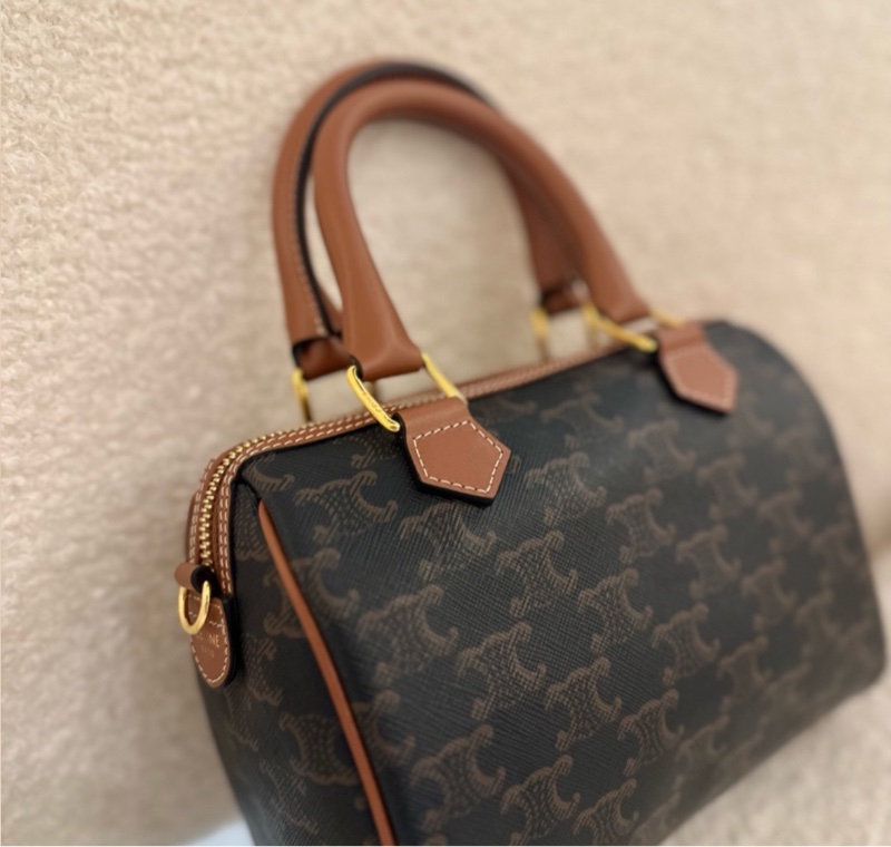 【全🆕】Celine Boston small Triomphe 經典凱旋門老花滿印帆布拼牛皮革 波士頓包單肩斜挎手提包 小號 棕褐色-3