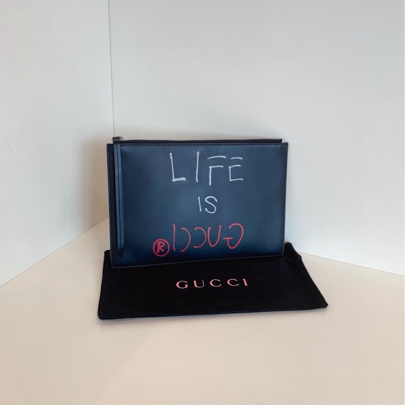 【99新🆕】Gucci 全皮黑色 精靈塗鴉手拿包-0