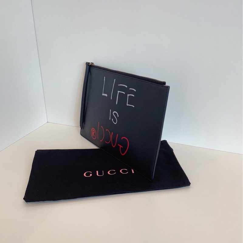 【99新🆕】Gucci 全皮黑色 精靈塗鴉手拿包-3