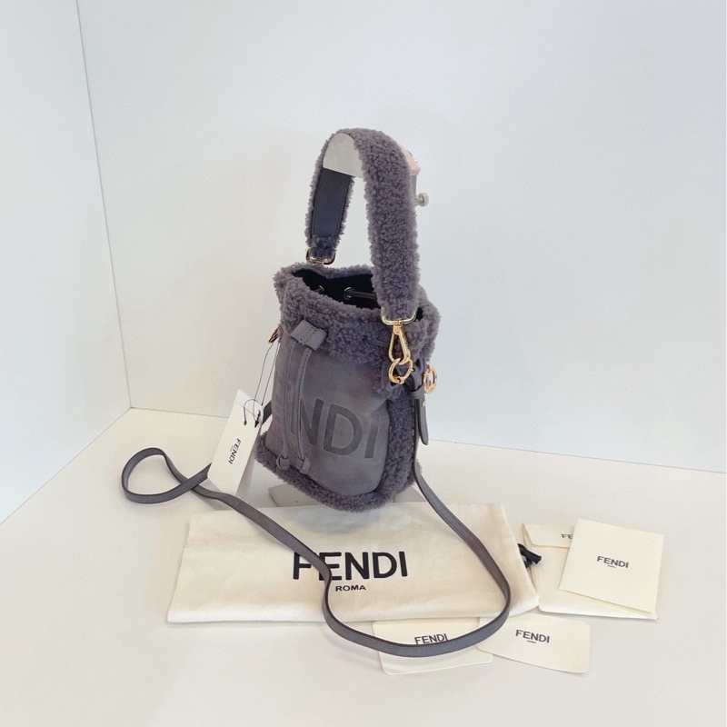 【閒置品🆕】Fendi Mon Tresor灰色泰迪羊羔毛毛兩用小水桶包 手提單肩包-5