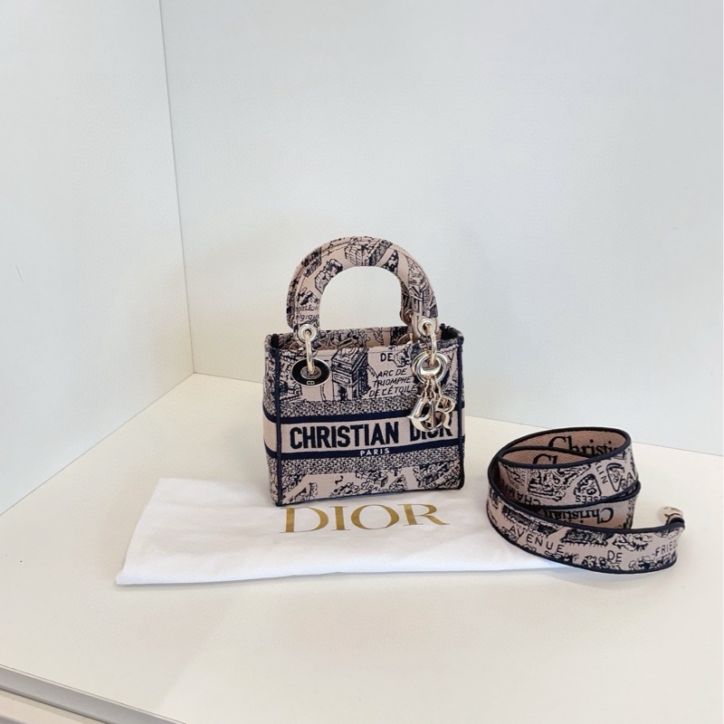 【閒置98新🆕】Dior Lady D-Lite米榛色巴黎地圖刺繡款迷你戴妃包 金扣手提包 斜挎包 單肩包-0
