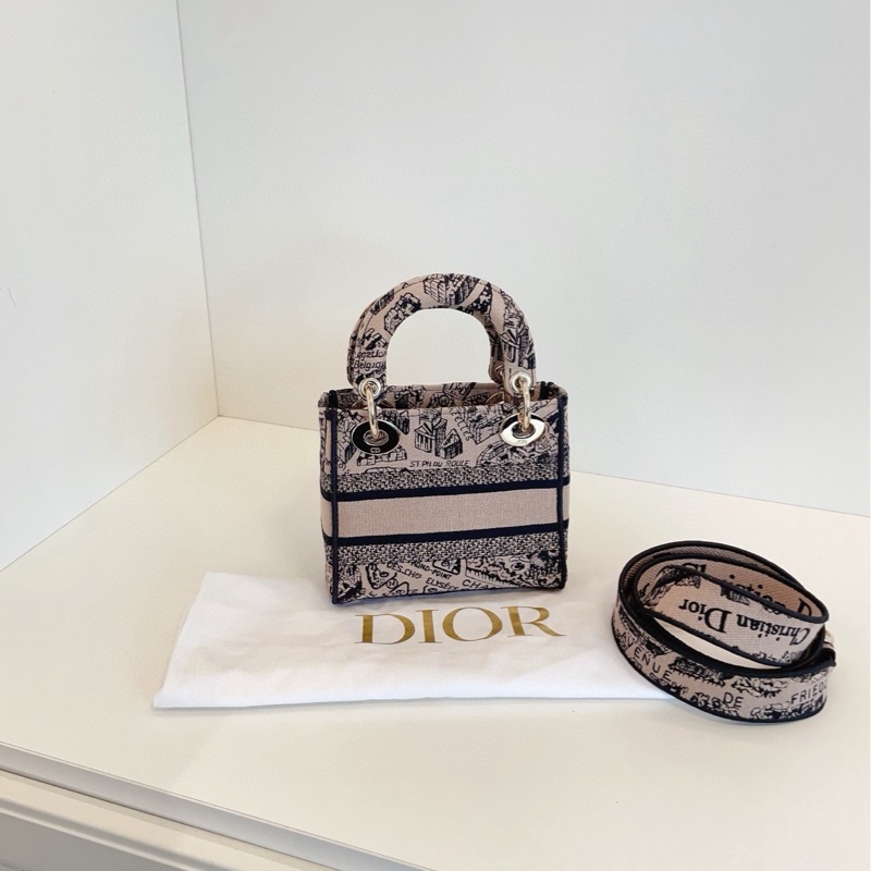 【閒置98新🆕】Dior Lady D-Lite米榛色巴黎地圖刺繡款迷你戴妃包 金扣手提包 斜挎包 單肩包-1