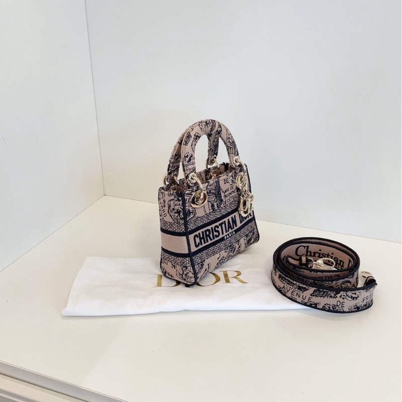 【閒置98新🆕】Dior Lady D-Lite米榛色巴黎地圖刺繡款迷你戴妃包 金扣手提包 斜挎包 單肩包-2