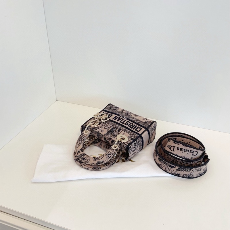 【閒置98新🆕】Dior Lady D-Lite米榛色巴黎地圖刺繡款迷你戴妃包 金扣手提包 斜挎包 單肩包-4