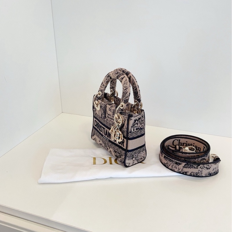 【閒置98新🆕】Dior Lady D-Lite米榛色巴黎地圖刺繡款迷你戴妃包 金扣手提包 斜挎包 單肩包-5
